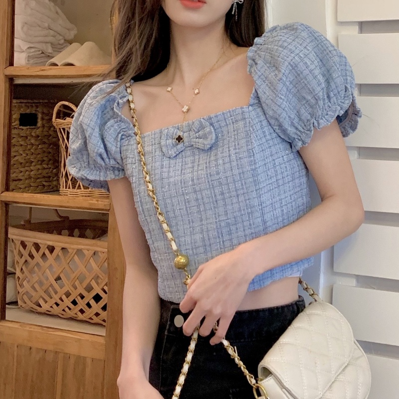 Áo Croptop Cổ Vuông Tay Phồng Họa Tiết Sọc Caro Màu Tím Ngọt Ngào Thời Trang Mùa Hè Cho Nữ