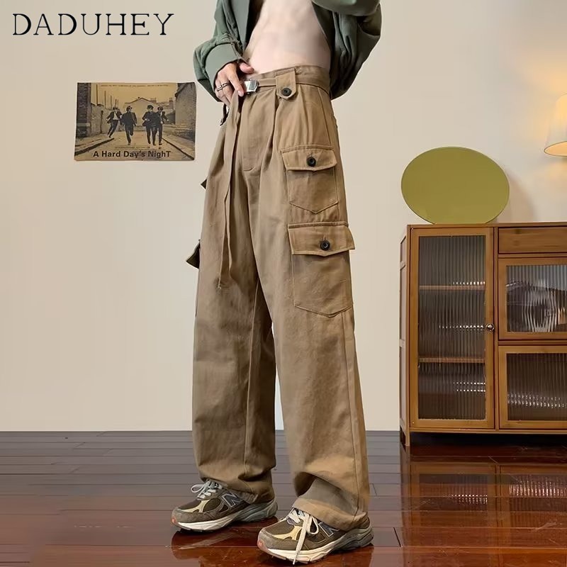 DaDuHey Autumn American Retro Multi-Pocket Elastic Waist Overalls Men's and Women's Oversize Loose Straight Casual Pants