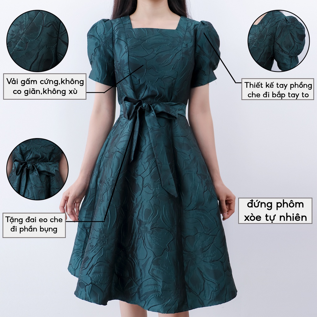Đầm Gấm Dự Tiệc Sang Trọng Bigsize AMYRA,Thiết Kế Dáng Xòe Tay Phồng Cổ Vuông Cao Cấp Phù Hợp Đi Tiệc Sang Chảnh Da162