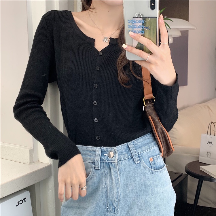 Áo Sweater Dệt Kim Tay Dài Màu Sắc Đơn Giản Cho Nữ