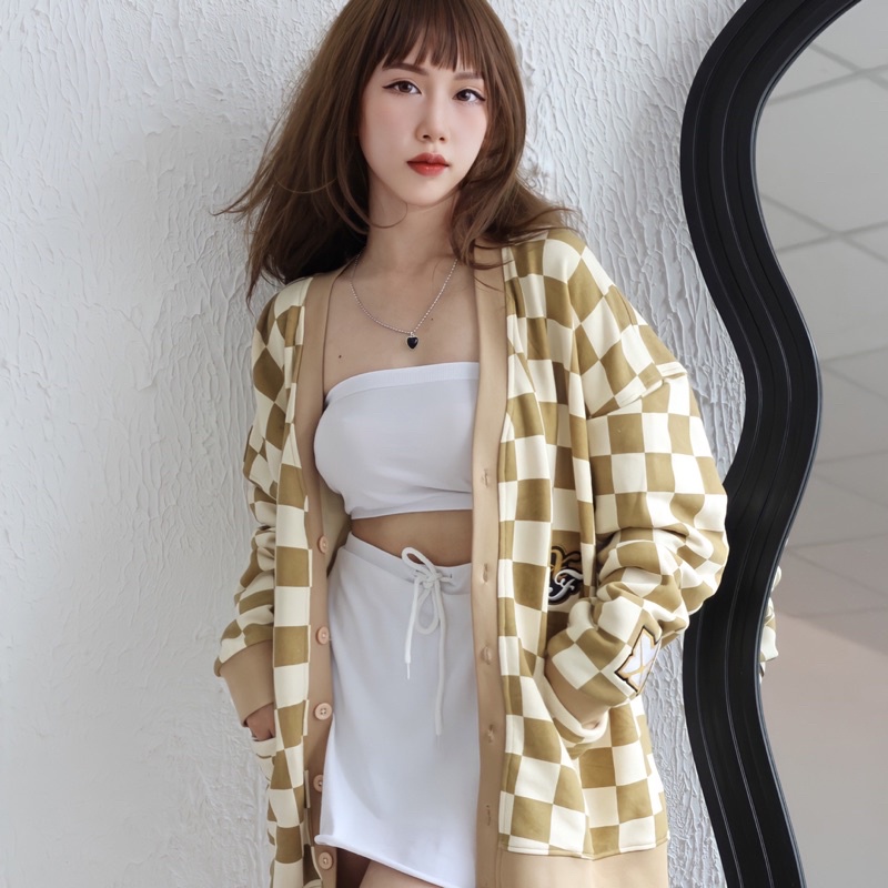 Áo Khoác Nam Nữ Cardigan Màu Caro Nâu Kem Thêu Logo Chất Nỉ Oversized Thương Hiệu Xfire CARD-CARNI-BC622