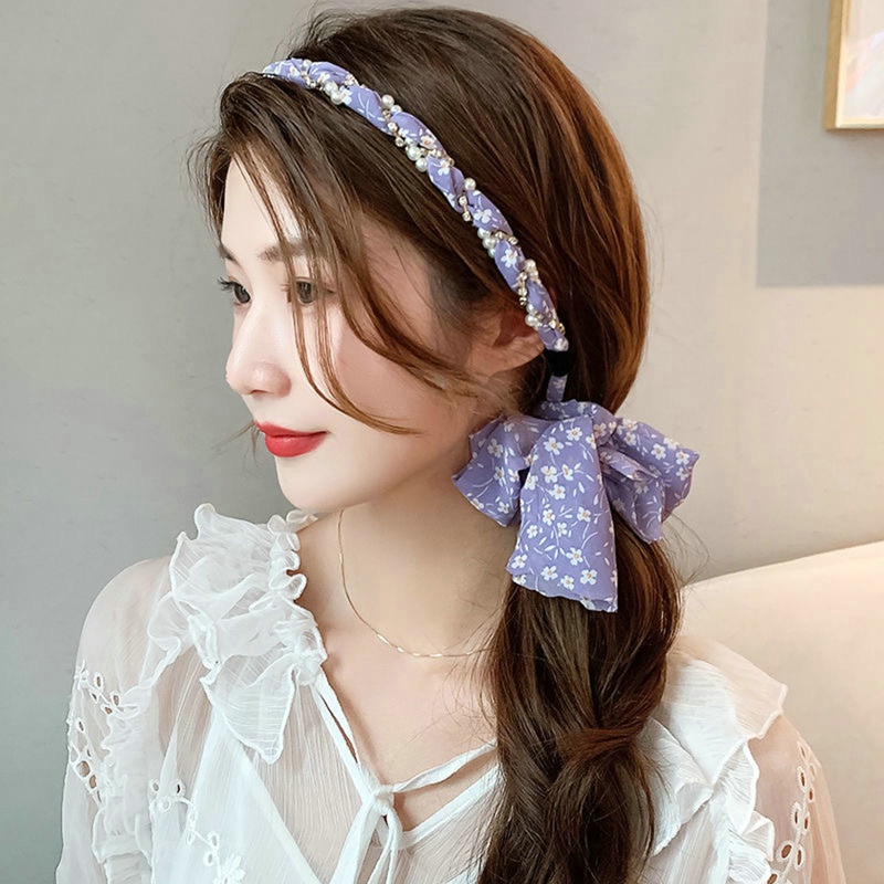 Dây Cột Tóc Ruy Băng Dài In Họa Tiết Hoa Đính Ngọc Trai Phong Cách Hàn Quốc Xinh Xắn