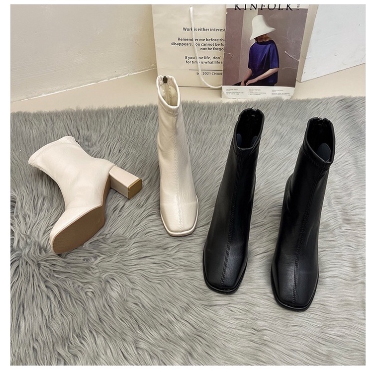 Boots da nữ cổ ngắn có khoá kéo gót vuông cao 7cm