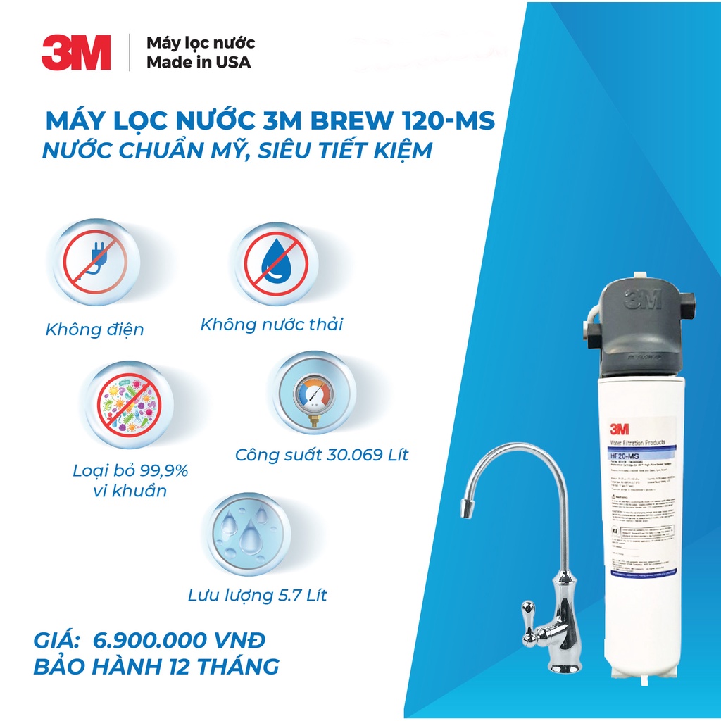 Combo 3M Máy Lọc Nước Brew120-MS Kèm Vòi Và Lọc Thô 3M AP 055T-110 Không Điện