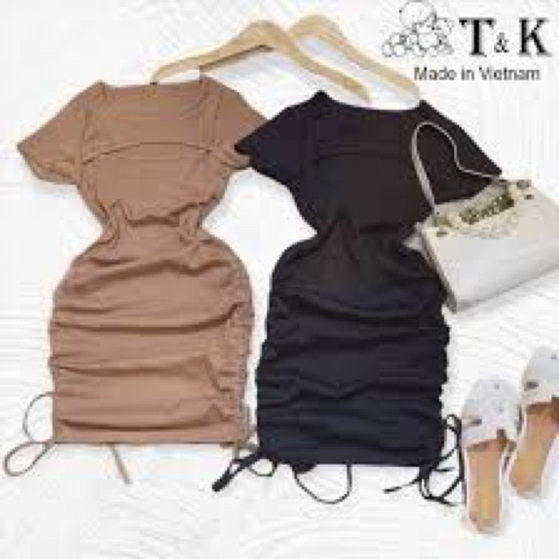 Đầm Thun body khoét ngực rút dây 2 bên chất vải pozip mềm mịn, dày dặn, co giãn tốt