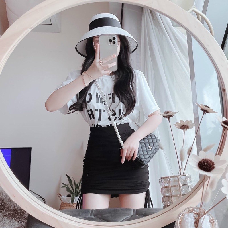 Set Chân Váy Dây Rút Mix Áo Phông Chữ Năng Động Cá Tính N106
