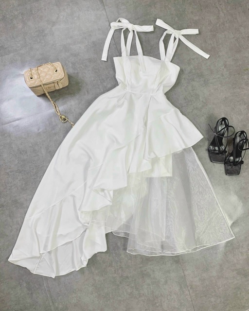 [kem video that]đầm trắng dự tiệc 2 dây cúp phối lưới vạt chéo | BigBuy360 - bigbuy360.vn