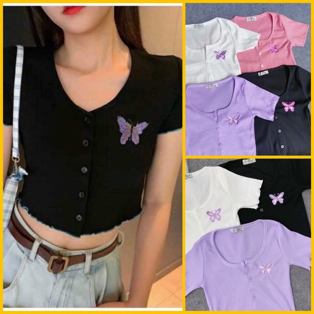 Áo Croptop Nút Thêu Bướm Chất Gân Mịn | Áo nữ kiểu By bear.story