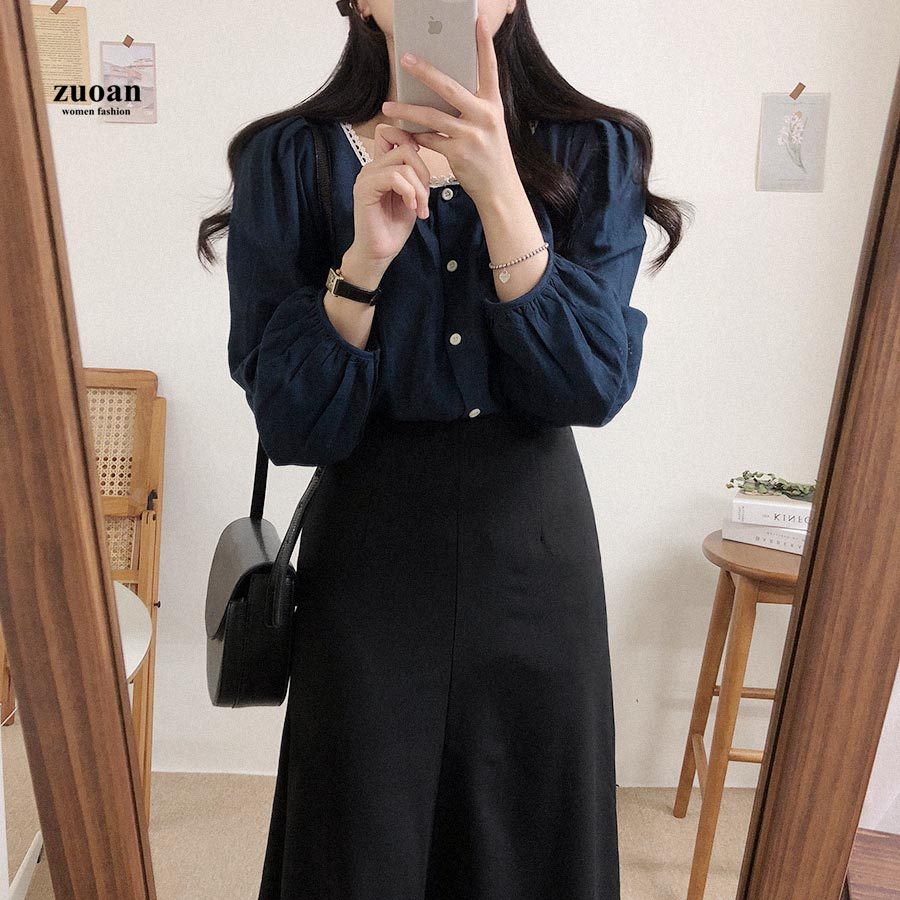 SUXI Áo Sơ Mi Nữ Thiết Kế Tay Dài Màu Trơn Kiểu Hàn Quốc