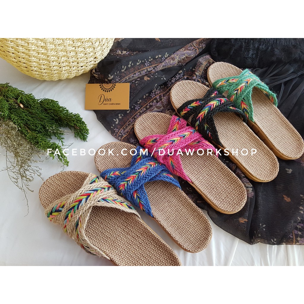 Dép Cói Thổ Cẩm 3 Quai Chéo Vintage, Dép Đi Biển, Dép Mang Trong Nhà, Dép Văn Phòng COI05