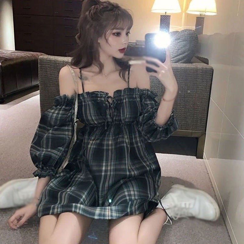 French Strap Off Shoulder Bubble Sleeve Fairy Retro Waist Check Dress | BigBuy360 - bigbuy360.vn