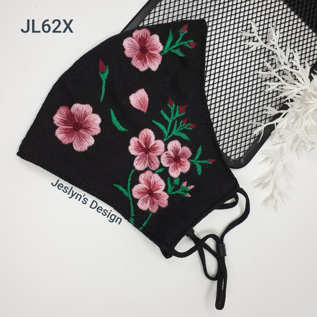 Khẩu trang thêu tay vải linen 2 mặt hình hoa nữ tính JL62X