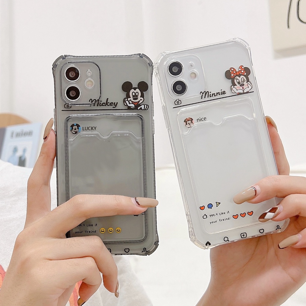 Ốp điện thoại TPU mềm trong suốt in hình Mickey Minnie có ngăn đựng thẻ cho iPhone 13 12 11 Pro Xs Max Xr 7 8 Plus 13 Pro