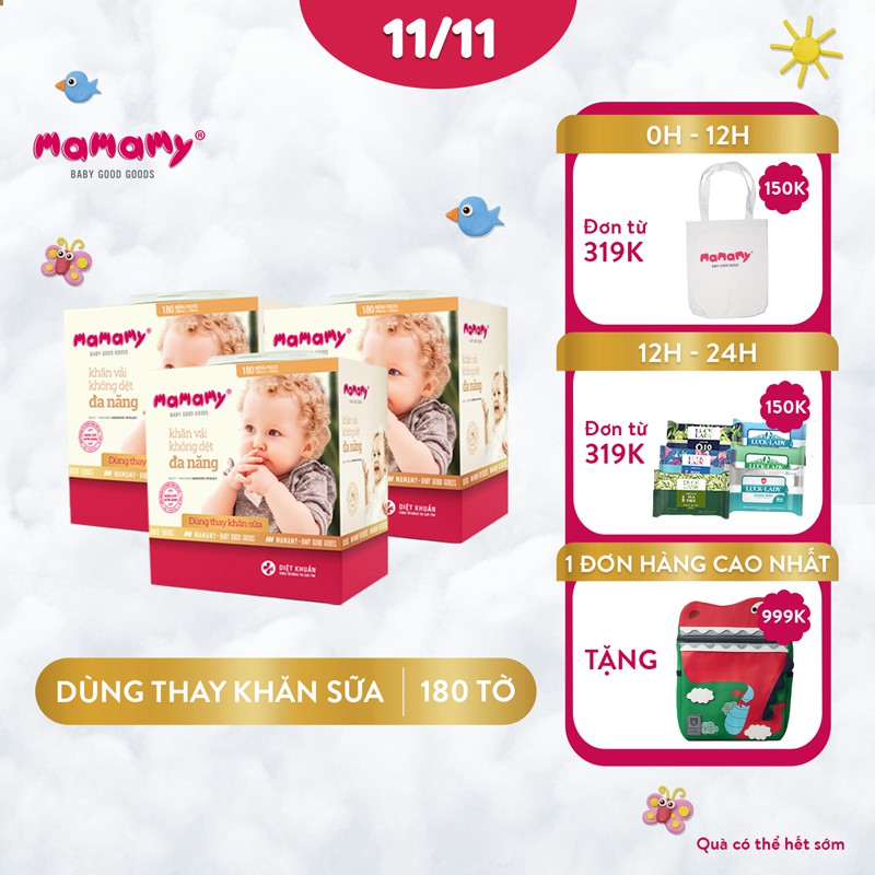 Combo 3 Khăn khô đa năng Mamamy, dùng thay khăn sữa, không chứa huỳnh quang, hộp 180 tờ, an toàn cho trẻ sơ sinh
