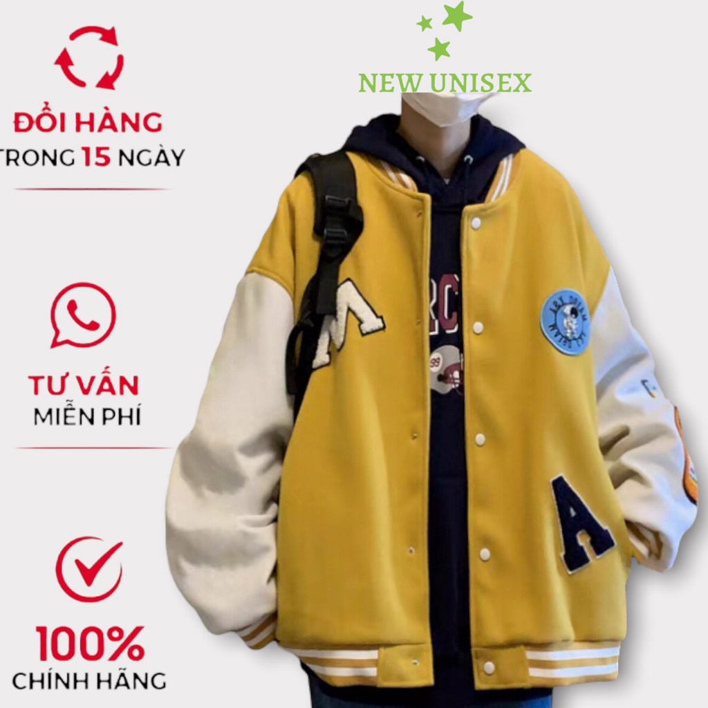 Áo Khoác Bomber Nam Nữ Chất Vải Nỉ Cúc Bấm Họa Tiết Chữ M Trắng Chữ A Đen Hot Trend