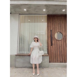 váy li tay bồng cổ tròn