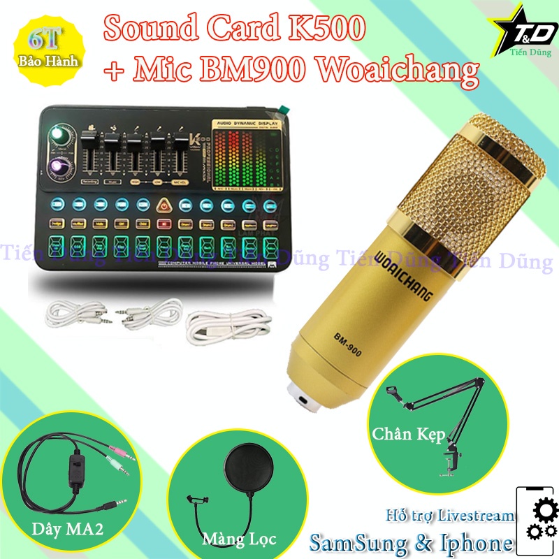 Bộ mic thu âm BM900 Woaichang đi sound card k500 có bluetooth Auto-tune kèm chân đế màng lọc dây livestream MA2