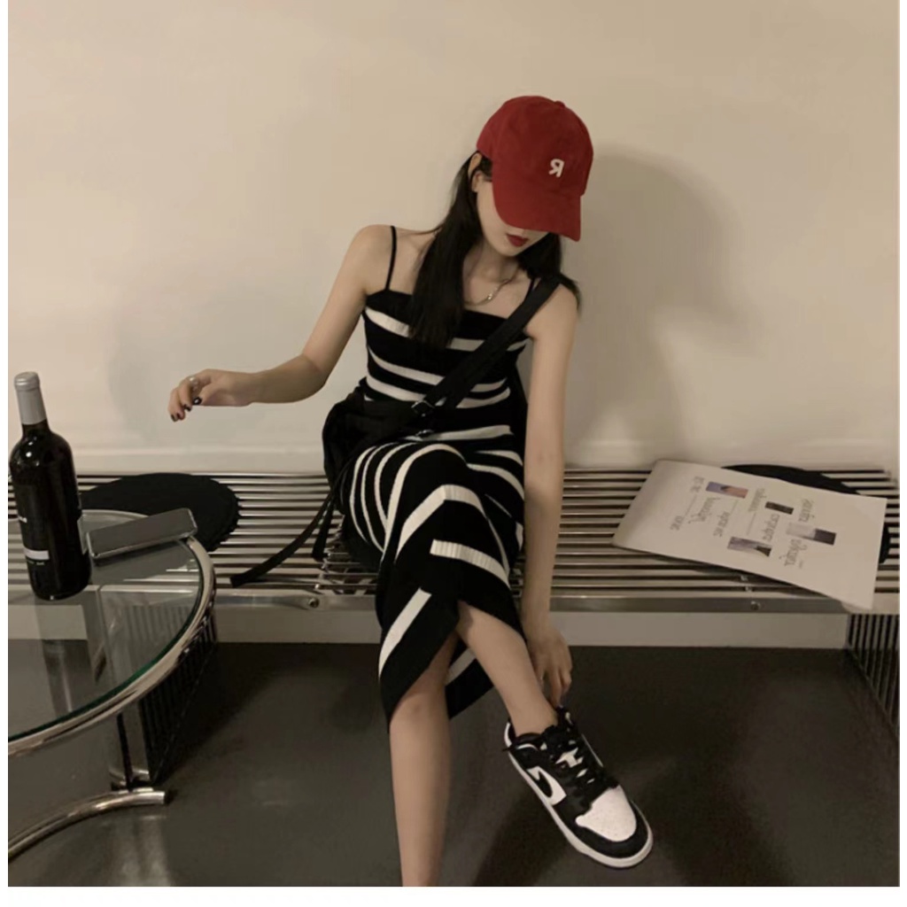 SUXI Đầm Midi Hai Dây Dệt Kim Họa Tiết Kẻ Sọc Trắng Đen Phong Cách Vintage Thời Trang Xuân Hè Dành Cho Nữ