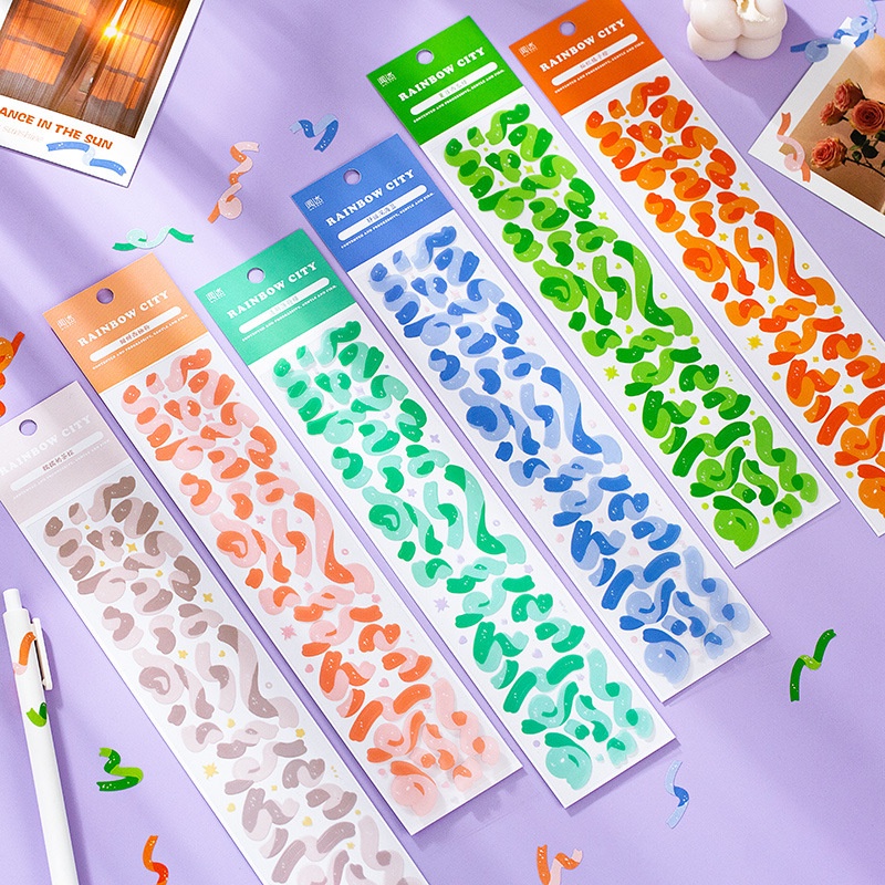 Sticker Set 2 Miếng Hình Dán Giấy và PET Confetti Rainbow City Trang Trí Toploader, Sổ Bujo