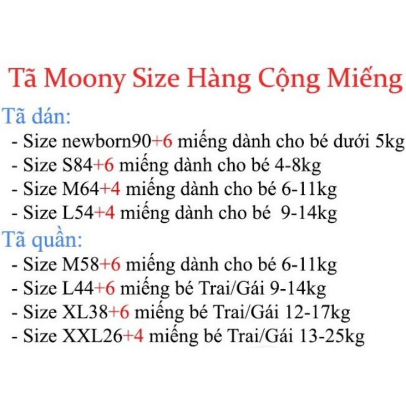 Tã Dán/ Quần MOONY NB90/ S84/ M64/ L54/ XL44/ M58/ L44/ XL38/ XXL26