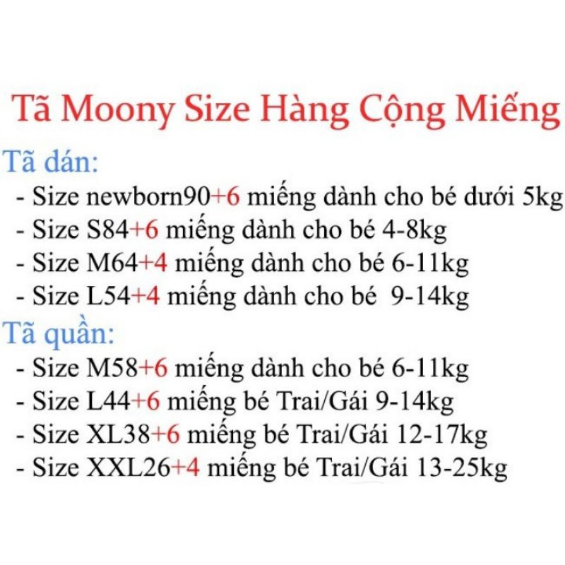 [Tặng miếng] Tã Dán/ Quần MOONY NB90/ S84/ M64/ L54/ XL44/ M58/ L44/ XL38/ XXL26