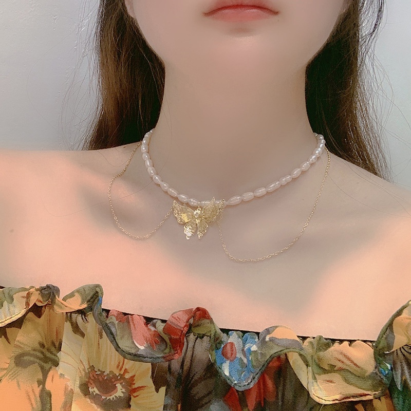 Dây chuyền mặt bướm ngọc trai nhân tạo treo dài cổ trang