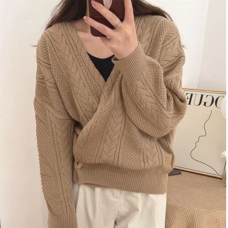 Áo Khoác Len Dệt Kim Dày Một Hàng Nút Phong Cách Hàn Quốc Thời Trang Mùa Thu Cho Nữ