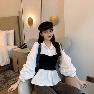 Áo Kiểu Nữ Sơ Mi Lụa Phối Len Ulzzang