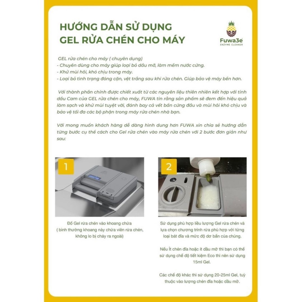 Nước rửa chén cho máy rửa chén bát Fuwa3e hữu cơ enzyme  sinh học dạng gel 2L
