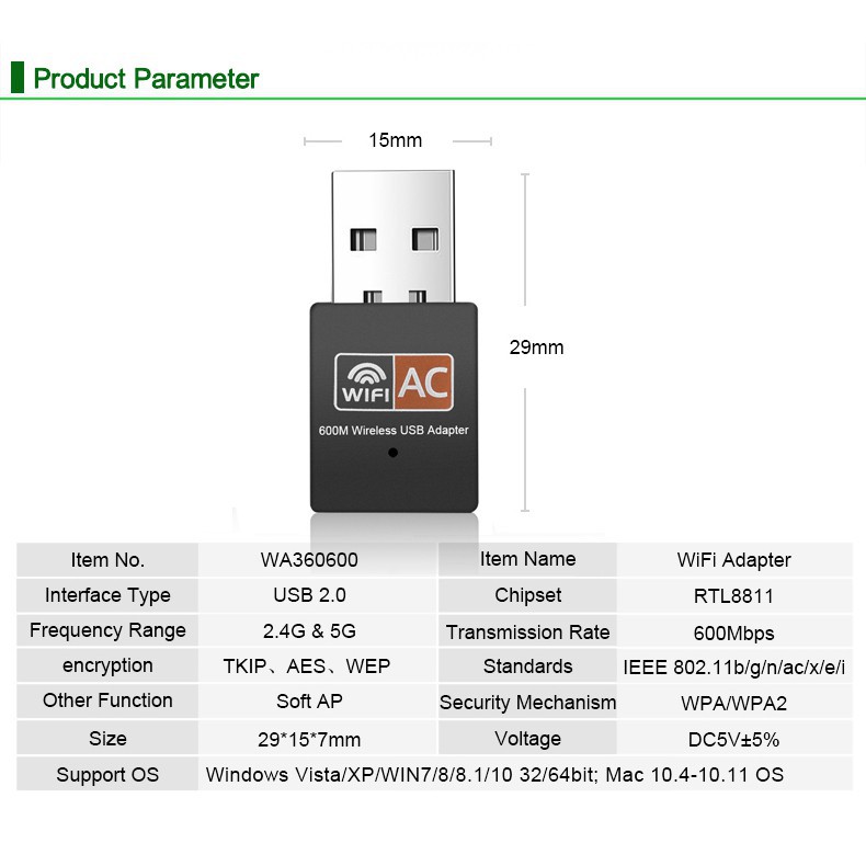 Bộ điều hợp WiFi USB không dây 600Mbps 5Ghz 2.4Ghz cho Bộ điều hợp ăng-ten không dây trên máy tính để bàn | BigBuy360 - bigbuy360.vn