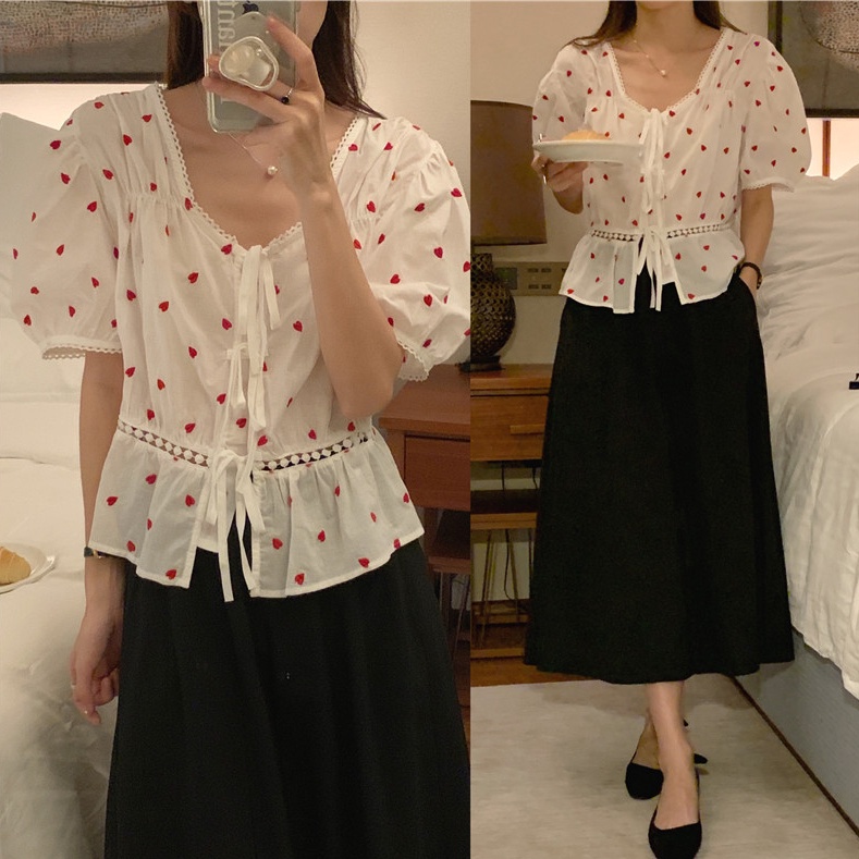 SUXI Áo Sơ Mi Cotton Ngắn Tay Thắt Dây Thêu Họa Tiết Chấm Bi Phong Cách Hàn Quốc