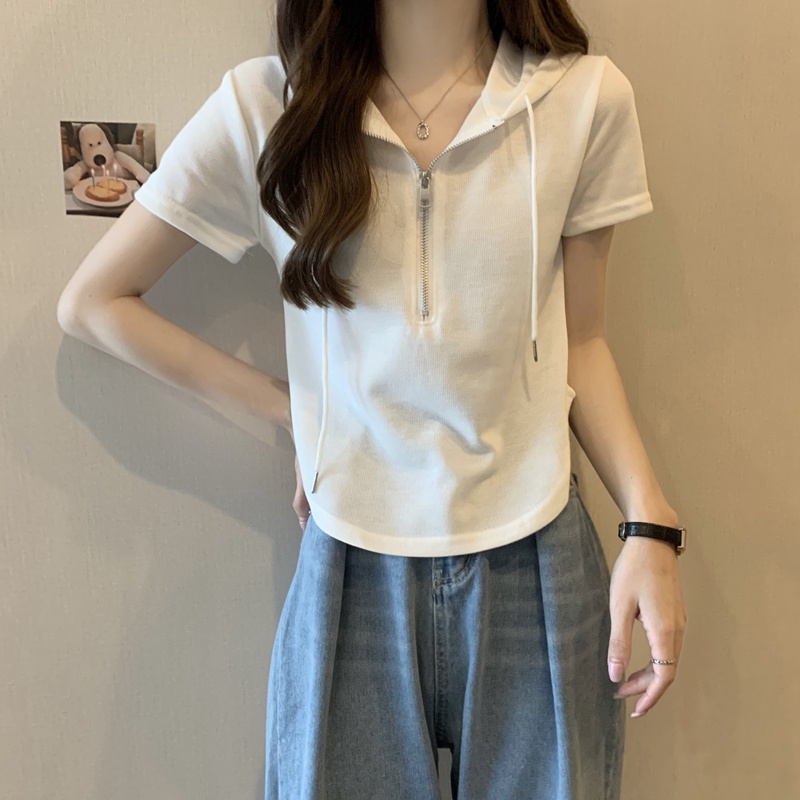 Áo Thun Tay Ngắn Có Mũ Trùm Đầu Màu Sắc Đơn Giản Dành Cho Nữ