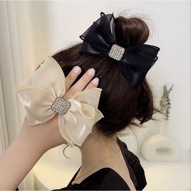 Dây buộc tóc nơ đính đá tiểu thư dễ thương màu đen be dây cột tóc cho nữ phong cách Hàn Quốc