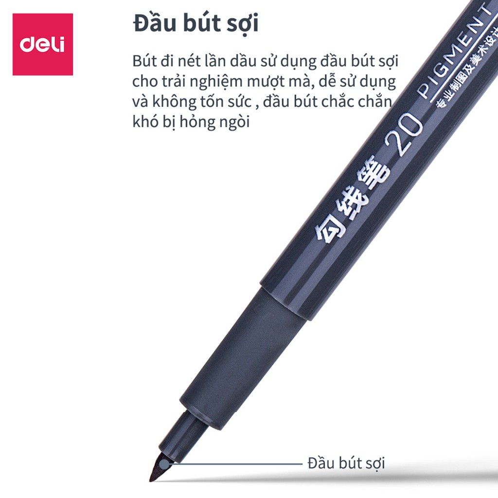 Bút kỹ thuật đi nét nhiều ngòi màu đen Deli - kháng nước - vẽ caligraphy phác thảo - bộ 6 chiếc  - S573 .