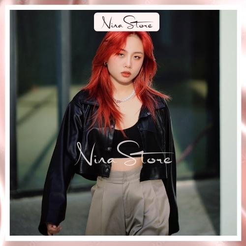 Áo khoác da croptop nữ đen - Áo khoác da nữ màu đen dáng ngắn, dài tay, cúc bấm phong cách cá tính Hàn Quốc NinaStore