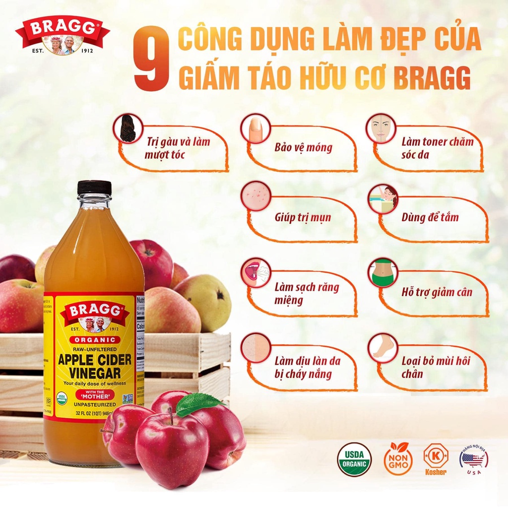 Giấm táo hữu cơ Bragg Organic Apple Cider Vinegar