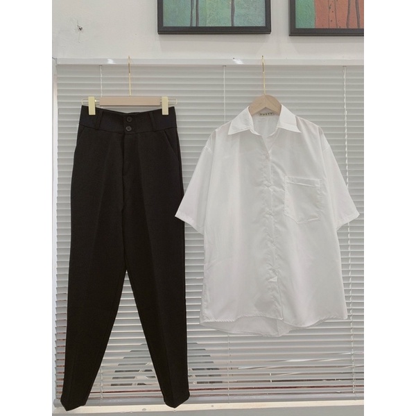 Áo Sơ Mi Trắng Có Túi basic Unisex chất vải mềm mịn from rộng fullsize