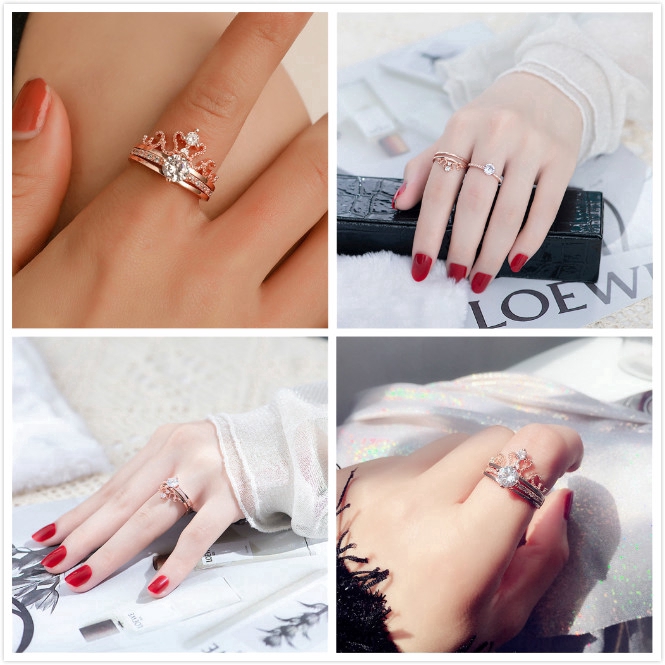 Set 2 nhẫn thiết kế kiểu vương miện đính đá xinh xắn cho nữ