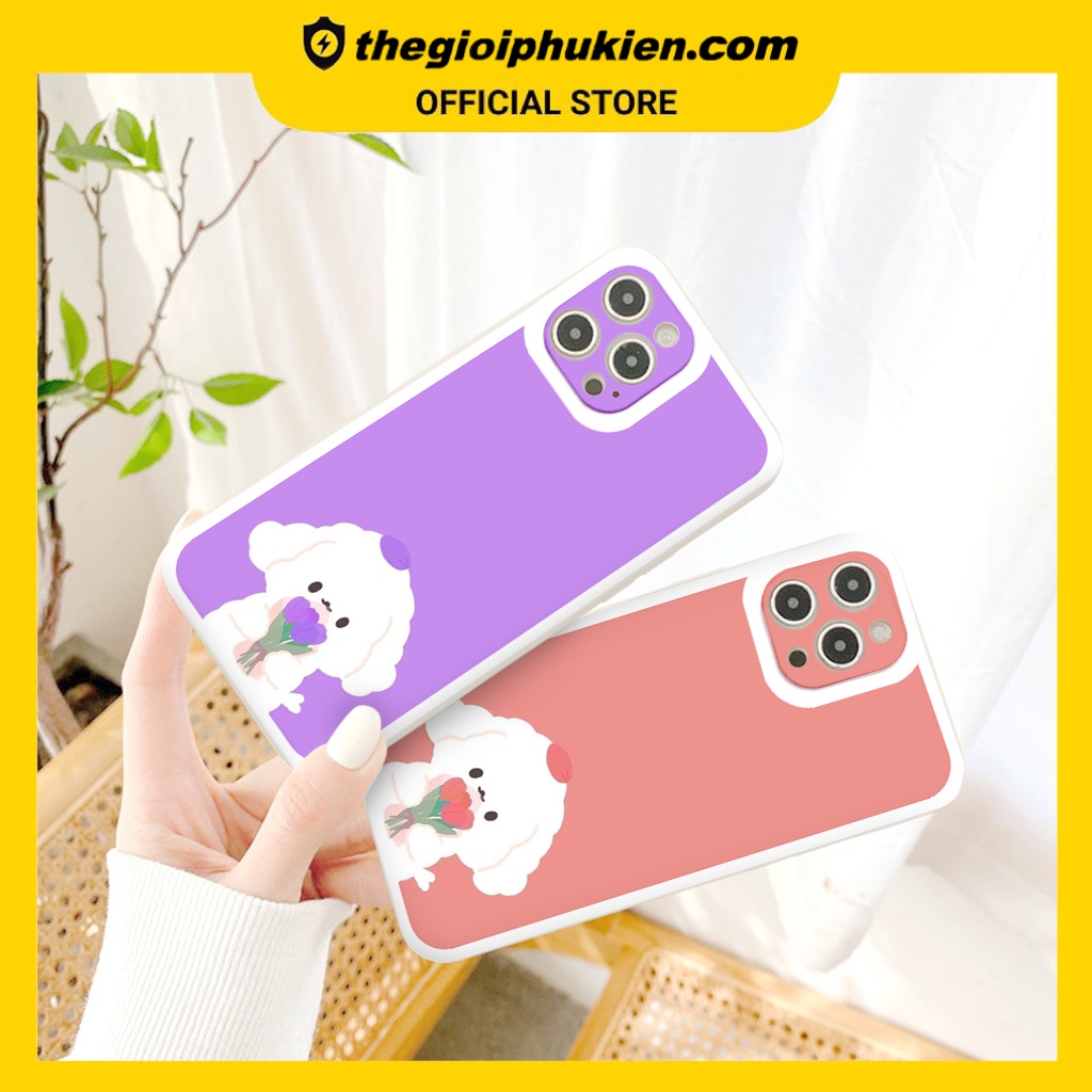 Ốp iphone - Ốp lưng iphone cạnh vuông viền camera Cún cầm hoa dành cho ip 6 đến 14promax - ng171