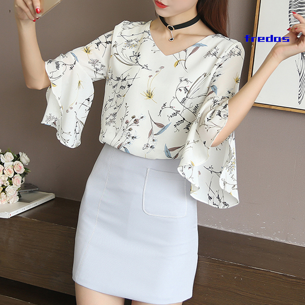 Áo Sơ Mi Chiffon Tay Lỡ Cổ Chữ V In Hoa Thời Trang Công Sở Thanh Lịch Cho Nữ