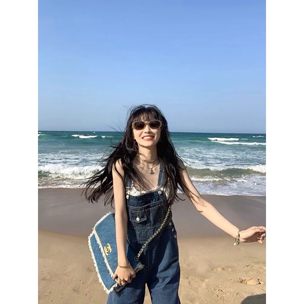 Quần yếm jeans xanh form rộng ống đứng phong cách Hàn Quốc, yếm jean cute ống rộng Ulzzang
