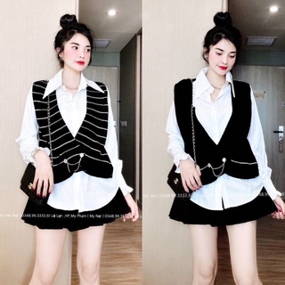 set áo len gile kèm áo sơ mi cho nữ