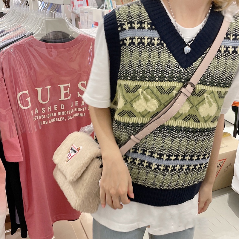 Áo sweater SUXI dệt kim không tay in hình quả cherry thời trang thu đông phong cách Hàn Quốc cổ điển cho nữ