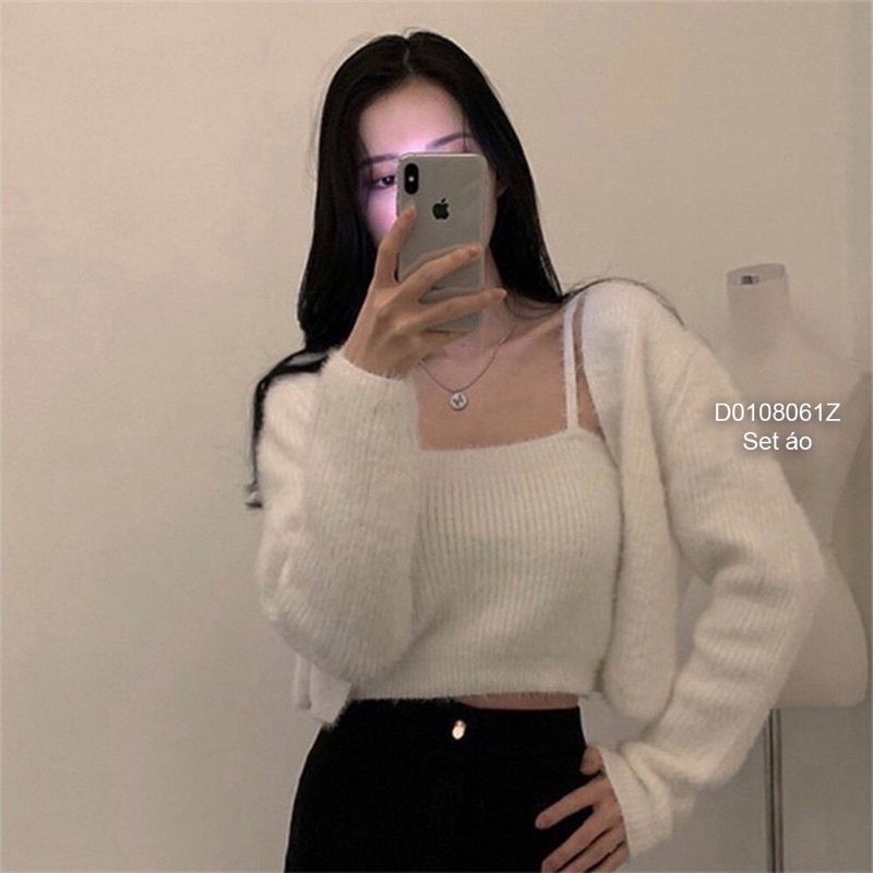 Set lông xù Áo khoác dài tay phối áo croptop hai dây TT0108