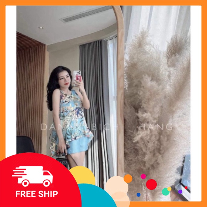 Set bộ lụa áo hoa sát nách bèo tầng mix quần sooc xanh siêu xinh - Sỉ Ngọc