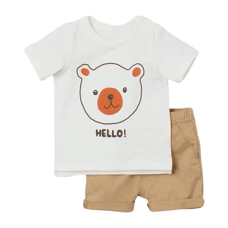 BÁN SỈ BỘ ÁO CỘC IN GẤU HELLO MIX QUẦN SHORT NÂU CHO BT