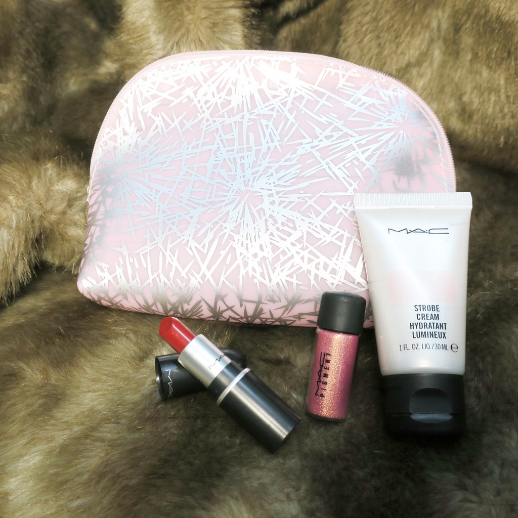 [GIFT SET] Bộ mỹ phẩm MAC 4 món - son + nhũ mắt môi + kem lót trang điểm + ví đựng mỹ phẩm