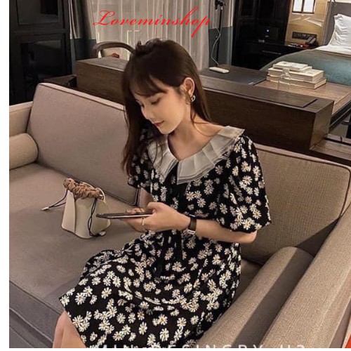 Váy đầm hoa cúc tiểu thư cổ ren tay ngắn dáng dài xòe,váy thiết kế Hotrend phong cách Hàn Quốc Freesize LOVEMIN-M18 | BigBuy360 - bigbuy360.vn