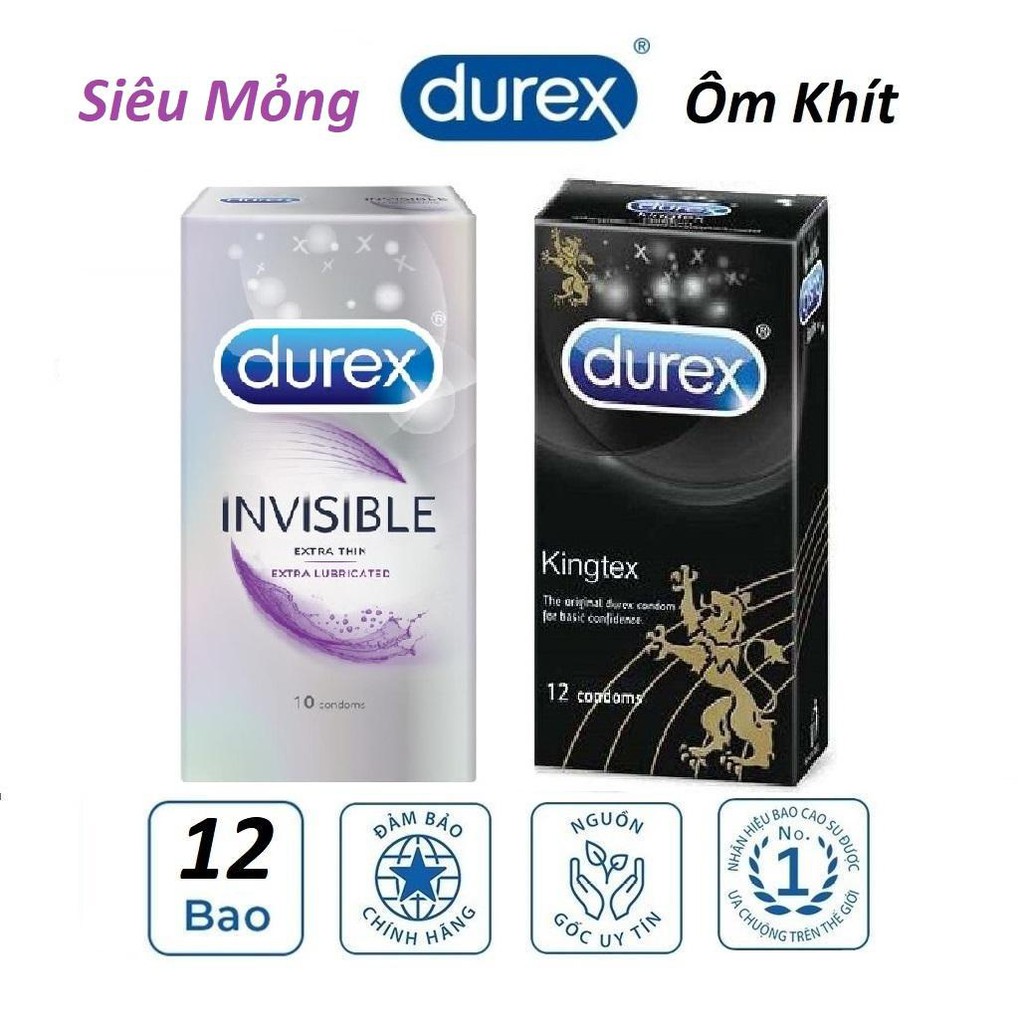 Combo 2 hộp Bao Cao Su Durex Invisible Extra Lubricated 10s siêu mỏng nhất thị trường & Bao cao su Durex Kingtex 12s sie