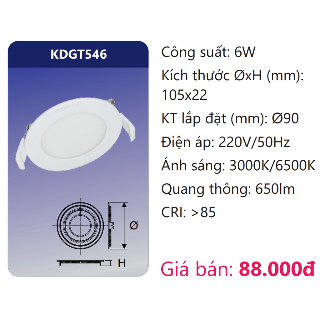 Bóng đèn LED Panel âm trần 6W DUHAL KDGT546 khoét lỗ 90